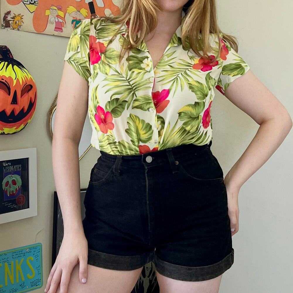 Vintage Y2K Lauren Ralph Lauren Green Hawaiian Print Blouse Size Petite Small